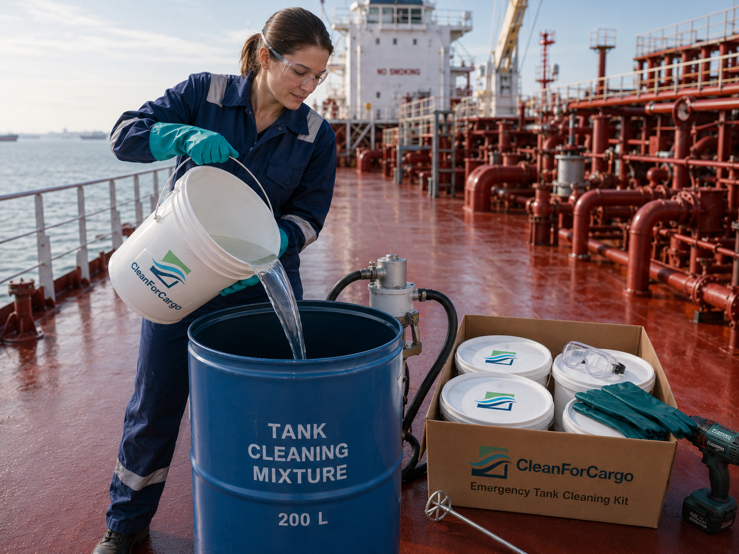 Female officer preparing emergency tank cleaning mixture on deck with the CleanForCargo kit
